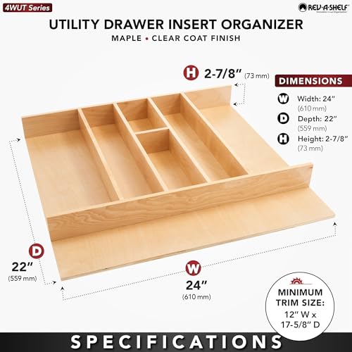 Trim-to-Custom-Fit Silverware Drawer Organizer For Kitchen Utensils, Cutlery Cabinet Storage Divider Insert, 23.98 x 21.97 In, Maple Wood, 4WUT-3 (24" W / Standard)
