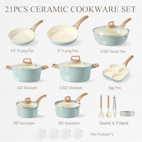 21pcs Ceramic Cookware Sets (Cerulean / 21 Piece)