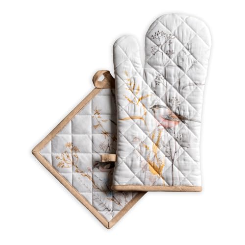 100% Cotton Oven Mitt & Pot Holder Set (088 - Meadow Florals - Beige / 7.5" x 13" & 8" x 8" (Oven Mitt & Pot Holder))