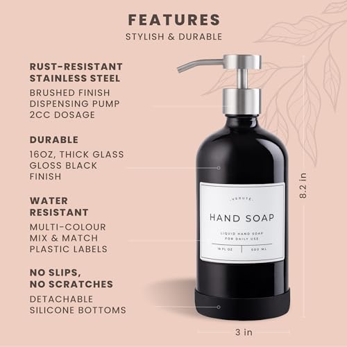 Hand and Dish Soap Dispenser for Kitchen and Bathroom (Gloss Black Bottle / Brushed Silver Pump)