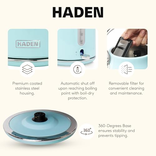 Heritage 1.7 Liter Stainless Steel Retro Electric Tea Kettle with Auto Shutoff and Dry Boil Protection (Turquoise & Chrome)