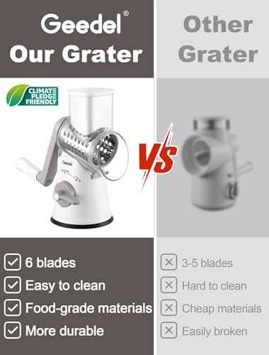 Rotary Cheese Grater Vegetable Shredder With 6 Interchangeable Blades No Slip Suction Base (White Grey / 6 Blades)