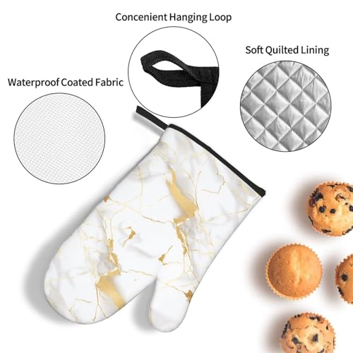 White Gold Marble Oven Mitts and Pot Holders Sets of 3 Heat Resistant Oven Gloves Hot Pads Non (White Gold Marble)