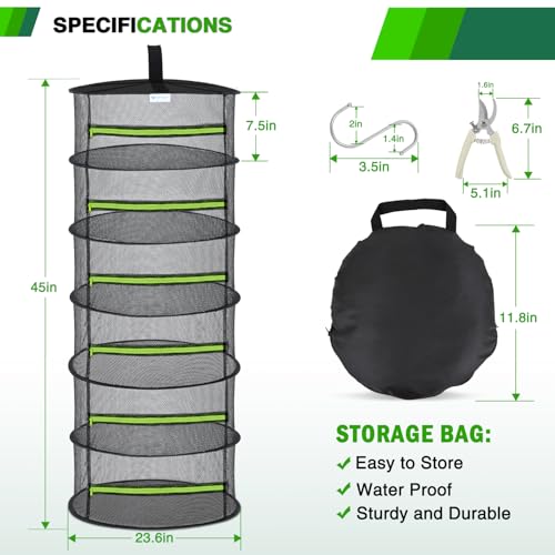 6 Layer Herb Drying Rack Hanging Mesh Net Foldable Plant Drying Racks 24" w Green Zipper Pruning Shears Dryer Hanging Rack for Herbs Seed Bud Fruit Clothes Grow Tent Closet Garden Outdoor 2 PCS
