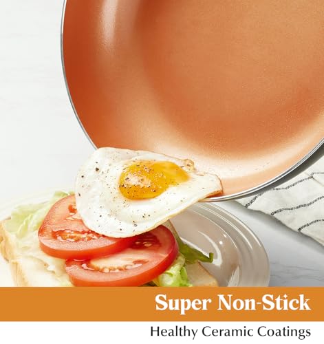 10in Copper Nonstick Frying Pans with Lids and Titanium Ceramic Interior (Copper-Silver / 10 Inch)