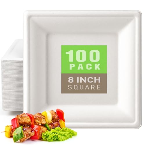 Compostable Square Paper Plates 8 Inch 100 Pack Disposable Plates (White / 8 inch)