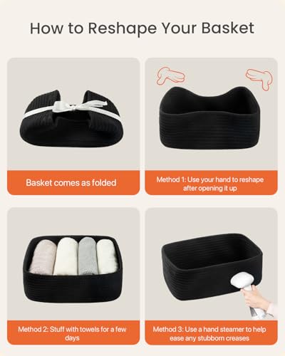 Small Woven Storage Basket for Organizing (Black / 12"L x 8"W x 4.5"H)