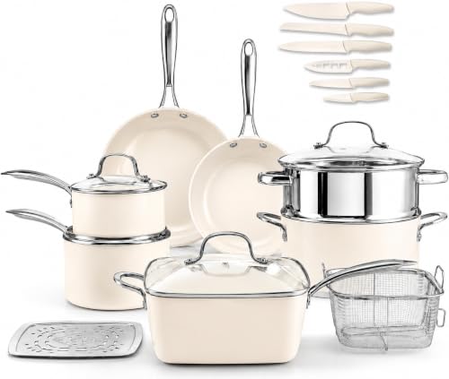 20 Pc Ceramic Cookware Set with Knives Set (Cream)