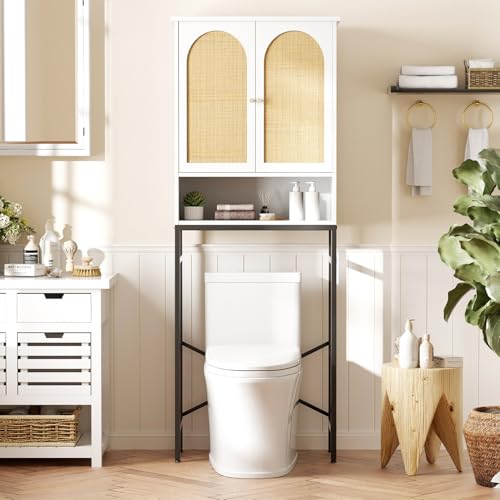 Rattan Over Toilet Storage Cabinet with Metal Stand (White)