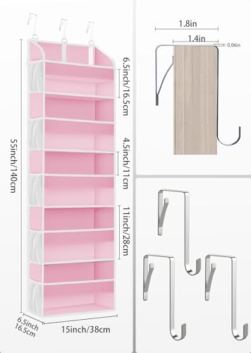 Over the Door Organizer with Clear PVC Windows & 10 Mesh Pockets (1 Pack / Pink)
