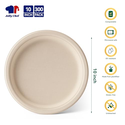 Compostable Heavy Duty Plates 𝟭𝟬 𝗜𝗻𝗰𝗵 [𝟯𝟬𝟬 𝗣𝗮𝗰𝗸] Eco (300 Count (Pack of 1) / Brown)