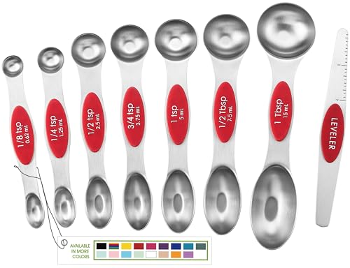 Stainless Steel Magnetic Measuring Spoons Set of 8 (Red / 1-Pack)