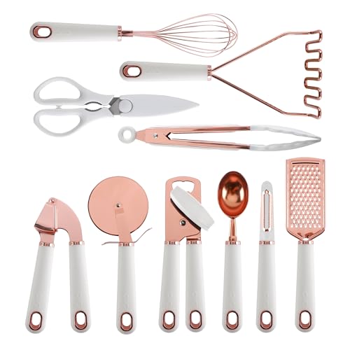 Kitchen Gadget Set Copper Plated Stainless Steel Utensils with Soft Touch Handles (10 Pieces / Copper White)