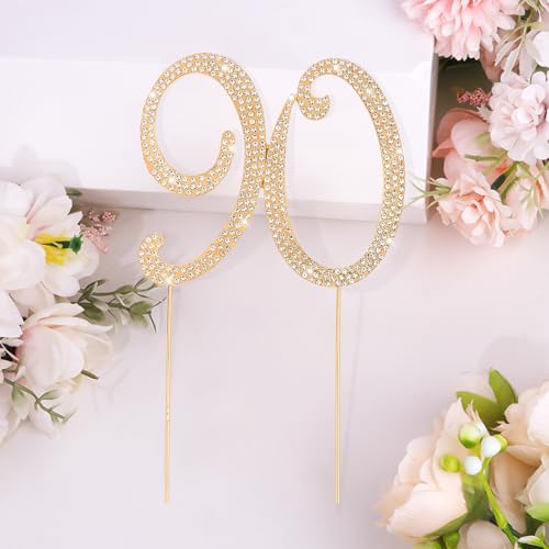 Gold 90th Birthday Cake Topper Rhinestones Cake Decorations for 90th Birthday Party (90th- Gold)