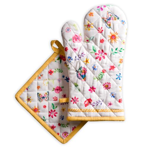 100% Cotton Oven Mitt & Pot Holder Set (034 - Happy Florals - Sweety / 7.5" x 13" & 8" x 8" (Oven Mitt & Pot Holder))