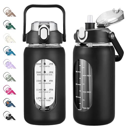 42oz Glass Water Bottles with Straw (Black / 42 Ounces)