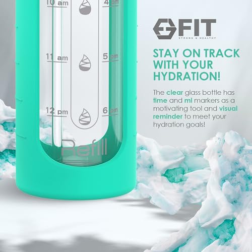 32 oz Glass Water Bottle with Time Marker (Seafoam, Floral Carrier)