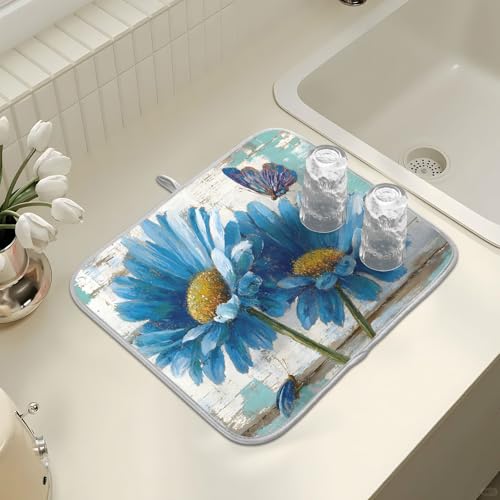 Rustic Daisy Blue on Vintage Wooden Dish Drying Mat for Kitchen Counter Absorbent Microfiber Small Drying Pad Dish Mats for Kitchen Countertops 16 x 18 Inch (18" x 16")