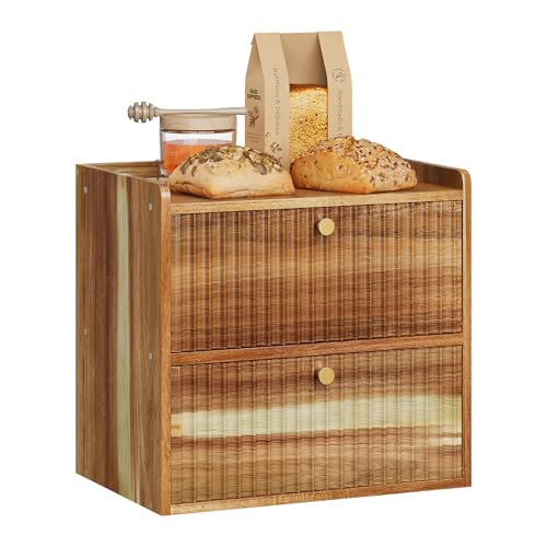 Acacia Bread Box for Kitchen Countertop Wood Bread Storage Container Bin Double Layer BreadBox Farmhouse Large Capacity Food Organizer (Acacia Wood)