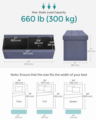 43.3 Inches Folding Storage Ottoman Bench (Misty Blue / 15"D x 43"W x 15"H (without Flipping Lid))