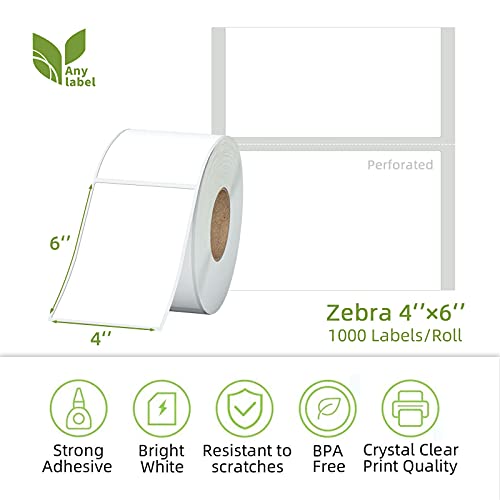 4"x 6" Multipurpose Direct Thermal Labels 3" Core Compatible for Zebra Industrial Printers Adhesive & Perforated (4" x 6" / 2 Rolls)
