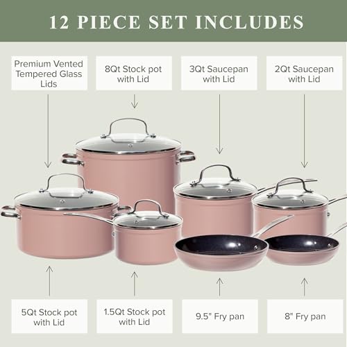 Healthy Duralon Blue Ceramic Nonstick Cookware Set (Dusty Pink / 12pc Cookware Set / Cookware Set)
