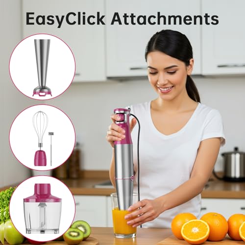 Immersion Blender Handheld Corded Hand Blenders Set 1100W (Rose Red / 5 in 1)