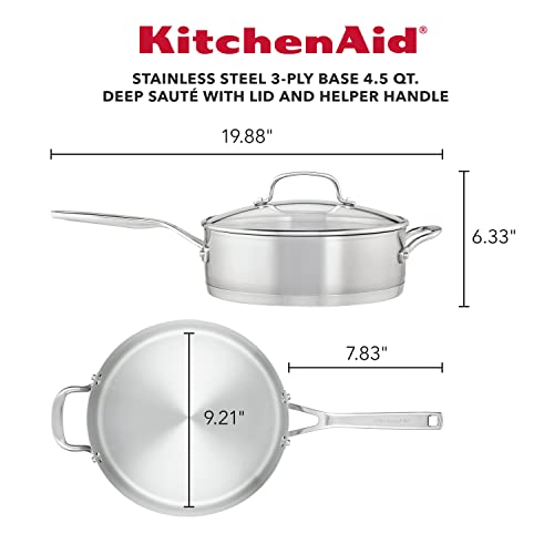 71027 3 Ply Base Brushed Stainless Steel Deep Saute Pan with Helper Handle and Lid (Brushed Stainless Steel / 4.5 Quart)