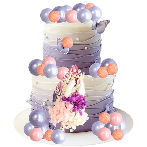 21 Pack Flower Boho Cake Topper Ball Cake Decorations Palm Leaves Plants Cake Decor for Girl Bohemian Princess Theme Wedding Baby Shower Birthday Party Supplies Pink Purple (21 Count)