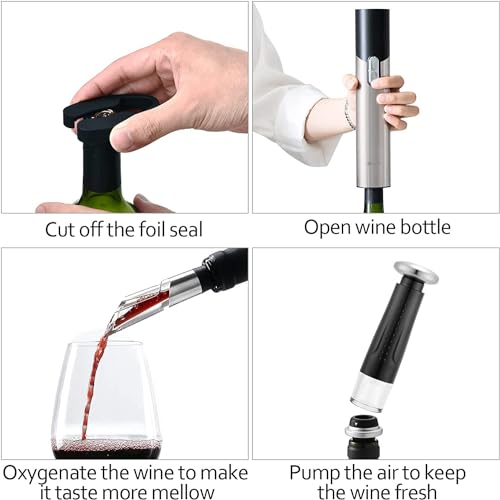 Electric Wine Opener Set Automatic Wine Opener Kit for Wine and Beer Cordless Electric Wine Bottle Openers Gift Set with Foil Cutter (Silver & Black / Prestige Set)