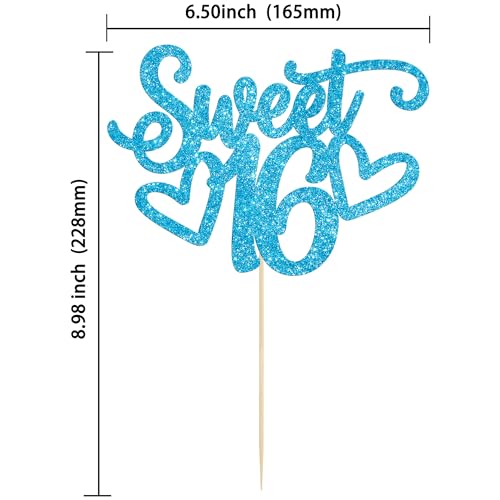 1Pc Sweet Teenager 16 Cake Topper Glitter 16th Birthday Cake Pick for Cheers to 16 Years Old 16th Birthday Party Cake Decorations Supplies Light Blue