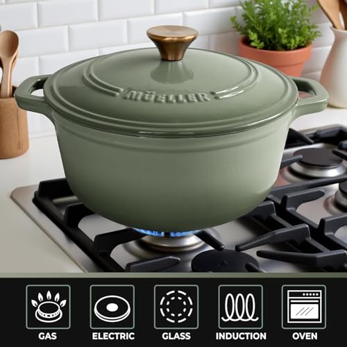 MUELLER HOME 4.5 Quart Enameled Cast Iron Dutch Oven For Sourdough Bread Baking (4.5 Quart -Round / Thyme Green)