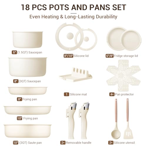 18 Piece Ceramic Pots and Pans Set Non Stick (Cream White)