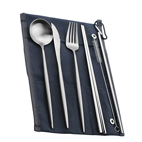 Reusable Travel Utensils (Blue Pouch / Silver)