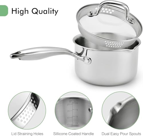 Tri Ply Stainless Steel Sauce Pan with Steamer Basket & Strainer Glass Lid (2.5 Quarts)