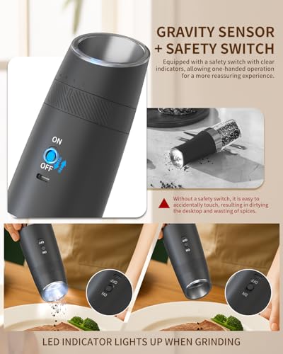 Gravity Electric Salt and Pepper Grinder Set Rechargeable Automatic Pepper and Salt Shakers with LED Light (Rechargeable / Black Pro)
