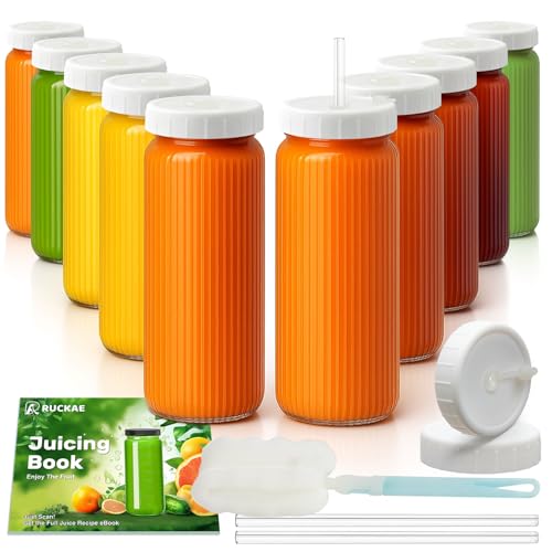 10pack Stripe 16oz Glass Juice Bottles with Lids & Straws & Juicing Recipe (Transparent with Stripe / 16oz-10pack)