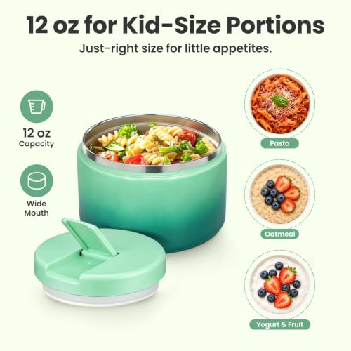 12oz Insulated Vacuum Food Jar with Buckle Lid Wide Mouth Soup Thermo for Hot Food Kids Leakproof Stainless Steel Lunch Container (Gradient Green / 12OZ)