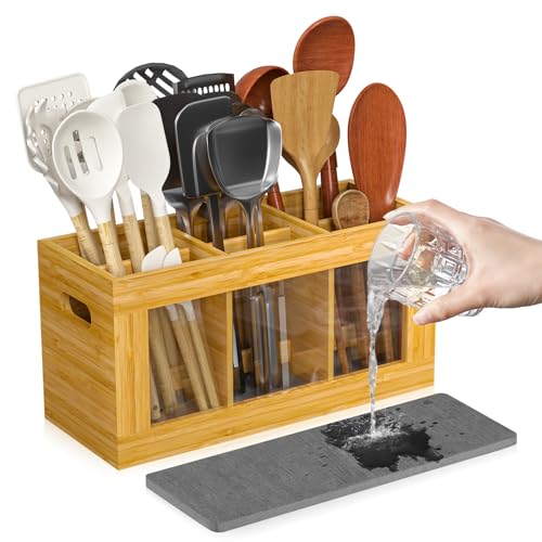 Bamboo Kitchen Utensil Holder with Drying Stone and 6 Compartments