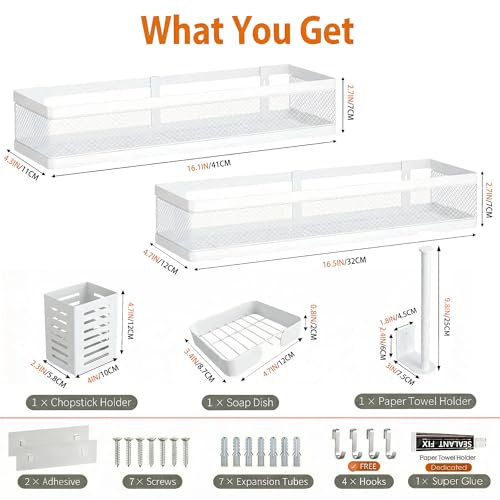 5-in-1 16.5" Extra Long Slim Wall Mount Wrapped Mesh Kitchen Organizer & Shower Caddy Kit, with Paper Towel Holder, Utensil Holder, Soap Dish, Holds 50LBS - White, Netting (White / 5-in-1 Full Mesh (16.5" Extra Long))