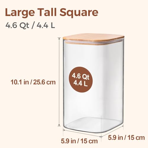 Glass Storage Jars with Bamboo Lids 4.6 Qt Large Pantry Square (4.6Qt-Square)