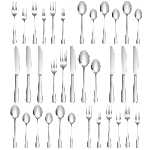 Silverware Set 30 Piece Stainless Steel Flatware Set Silverware Utensils for 6 People Includes Forks Knives Spoons & Salad Forks Dishwasher Safe for Home Restaurant or Outdoor Use (Silver / 30-Piece)
