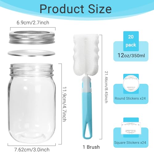 20 Pack 12 oz Clear Glass Mason Jars with Silver Metal Split Lids (12 oz - 20 Pack)