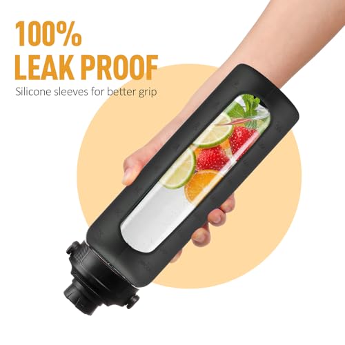 32oz Glass Water Bottle with Straw and 2 Lids (Black / 32 Ounces)