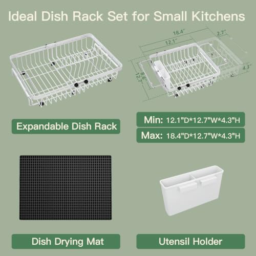 White Expandable Dish Drying Rack Over Sink with Extra Drying Mat (White / For 13"-30" W Sink with Mat)