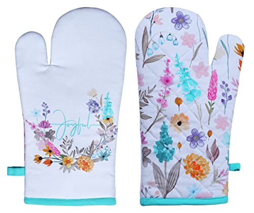 Pot Holders and Oven Mitt Heat Resistant Non Slip Reusable Set of 1 Oven Mitt and 1 Pot Holder Oven Gloves Pot Holder for Cooking (7x13 inches & 8x8 inches / Joyful Floral)