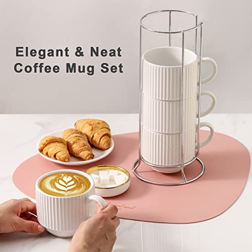 15 oz Ribbed Stackable Coffee Mug Set of 4 (White / 15 Ounces)