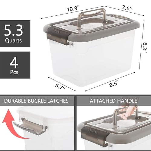 4 Packs 6 QT Plastic Storage Bins with Latching Lids Stackable Storage Containers for Organizing Clear Storage Box for Garage (6.0QT / 4 PACK GREY)