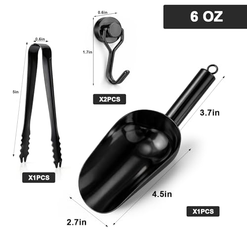 Stainless Steel Ice Scoop for Freezer with Magnetic Hook & Ice Tongs (6oz / Black)