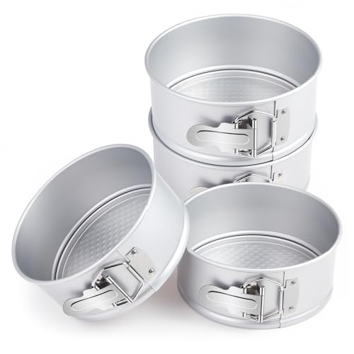 4 Pcs 6 Inch Non Stick Springform Pan with Removable Bottom Carbon Steel Round Springform Cheesecake Pan with Stainless Steel Spring Buckles for Baking Kitchens Restaurant (Silver / 6 Inch)
